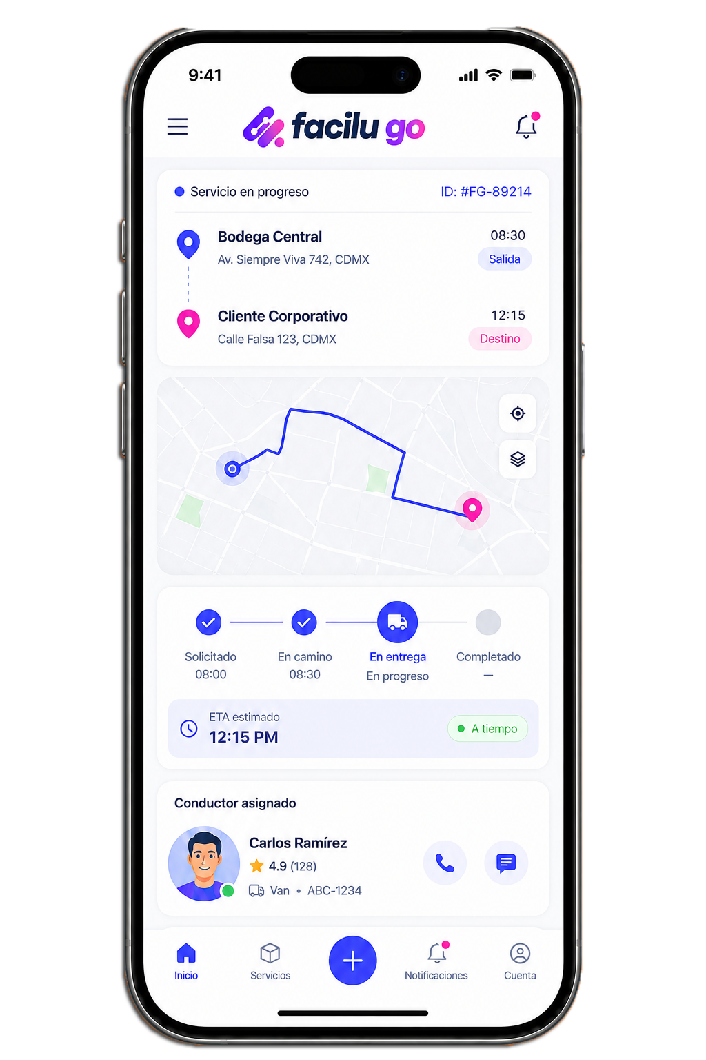 App móvil de FaciluGo — seguimiento de entrega en tiempo real